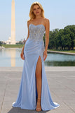 Sparkly Strapless Blue Corset Ruched Mermaid Prom Dress