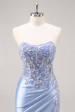 Burgundy Beaded Strapless Mermaid Prom Dress with Slit