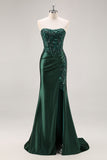 Strapless Mermaid Corset Blue Prom Dress with Slit