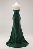 Burgundy Beaded Strapless Mermaid Prom Dress with Slit