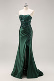 Burgundy Beaded Strapless Mermaid Prom Dress with Slit