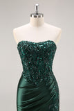 Burgundy Beaded Strapless Mermaid Prom Dress with Slit