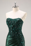 Burgundy Beaded Strapless Mermaid Prom Dress with Slit