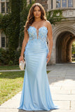 Plus Size Strapless Mermaid Appliqued Corset Sky Blue Prom Dress