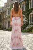 Sparkly Mermaid Pius Size Pink Floral Prom Dress