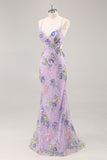 Sequins Mermaid Spaghetti Straps Pink Prom Dress with Appliques