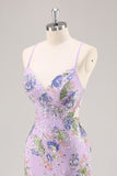 Sequins Mermaid Spaghetti Straps Pink Prom Dress with Appliques