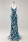 Sequins Mermaid Spaghetti Straps Pink Prom Dress with Appliques
