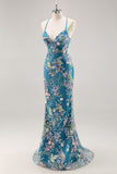 Sequins Mermaid Spaghetti Straps Pink Prom Dress with Appliques