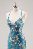 Sequins Mermaid Spaghetti Straps Pink Prom Dress with Appliques