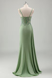 Light Green Ruched Corset Appliques Mermaid Prom Dress with Slit