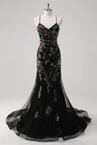 Black Sequin Floral Mermaid Tulle Prom Dress