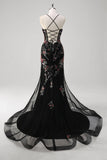 Black Sequin Floral Mermaid Tulle Prom Dress