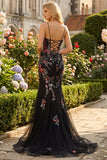 Black Sequin Floral Mermaid Tulle Prom Dress