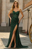 Sparkly Dark Green Ruched Corset Floor Length Prom Dress with Slit