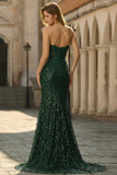 Sparkly Dark Green Ruched Corset Floor Length Prom Dress with Slit