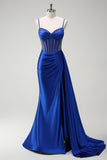 Royal Blue Mermaid Beaded Corset Prom Dress with Sash