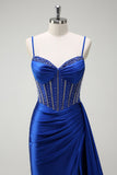 Royal Blue Mermaid Beaded Corset Prom Dress with Sash