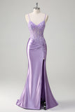 Mermaid Lilac Corset Satin Prom Dress with Appliques
