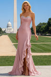 Glitter Strapless Mermaid Corset Pink Prom Dress With Ruffles