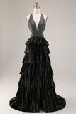 Black Beaded Halter Tiered Cut Out Prom Dress