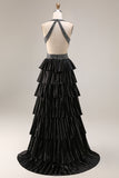Black Beaded Halter Tiered Cut Out Prom Dress