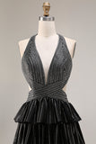 Black Beaded Halter Tiered Cut Out Prom Dress