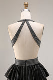 Black Beaded Halter Tiered Cut Out Prom Dress