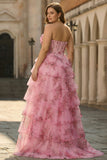 Strapless Blush Floral Corset Plus Size Tiered Prom Dress