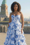 Strapless Blush Floral Corset Plus Size Tiered Prom Dress