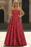 Fuchsia Floral Strapless A-Line Plus Size Maxi Prom Dress