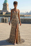 Khaki Leopard Sequins Mermaid Spaghetti Straps Long Corset Dress with Slit