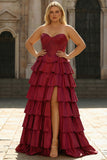Strapless Tiered Burgundy Corset Plus Size Prom Dress