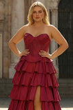 Strapless Tiered Burgundy Corset Plus Size Prom Dress
