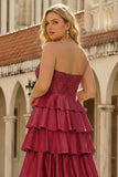 Strapless Tiered Burgundy Corset Plus Size Prom Dress