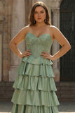 Strapless Tiered Burgundy Corset Plus Size Prom Dress