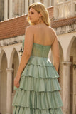 Strapless Tiered Burgundy Corset Plus Size Prom Dress