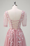 A Line V Neck Sequined Appliqued Tulle Blush Prom Dress with Short Sleeves