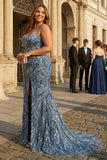 Blue Plus Size Mermaid Sequin Lace Up Back Prom Dress