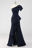 Navy Satin Jacquard One Shoulder Ruffle Mermaid Formal Dress