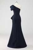 Navy Satin Jacquard One Shoulder Ruffle Mermaid Formal Dress
