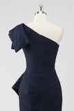 Navy Satin Jacquard One Shoulder Ruffle Mermaid Formal Dress