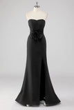 Strapless Bow Satin Mermaid Black Tie Dress with Slit