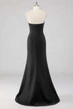 Strapless Bow Satin Mermaid Black Tie Dress with Slit
