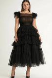 Black A Line Plus Size Tulle Formal Dress with Ruffles