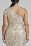Sparkly Champagne One Shoulder Plus Size Formal Dress