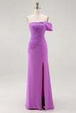 One Shoulder Purple Ruched Sheath Long Formal Dress with Slit