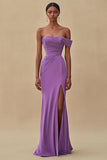 One Shoulder Purple Ruched Sheath Long Formal Dress with Slit