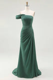Dark Green One Shoulder Sheath Pleated Long Formal Dress