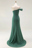Dark Green One Shoulder Sheath Pleated Long Formal Dress